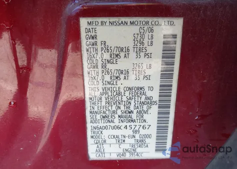 2006 Nissan Frontier Se из США, поврежденный, VIN 1N6AD07U06C457767